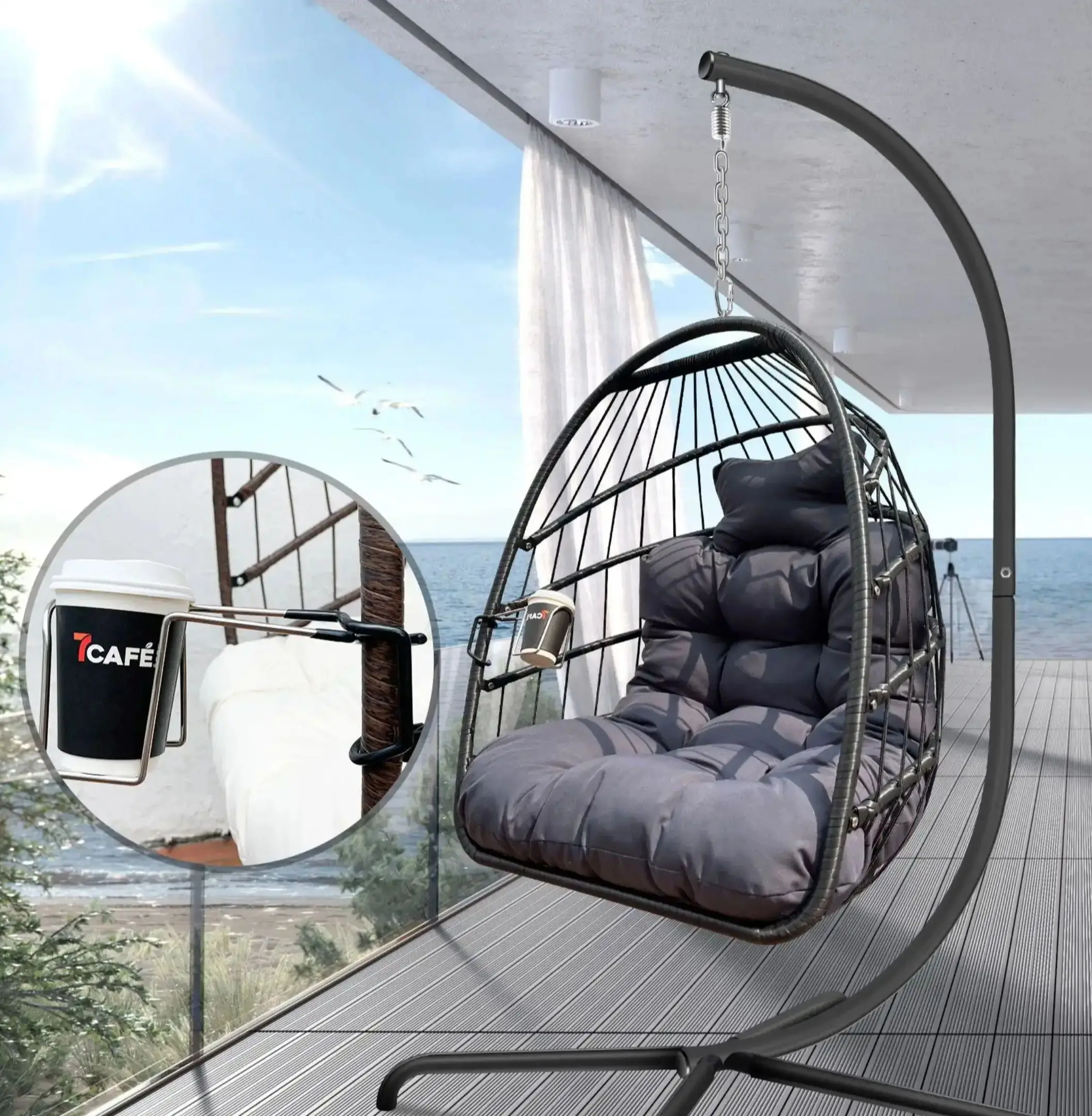 

Egg Swing Chair with Stand, Rattan Wicker Hanging Egg Chair for Indoor Outdoor Bedroom Patio Hanging Basket Chair Hammock