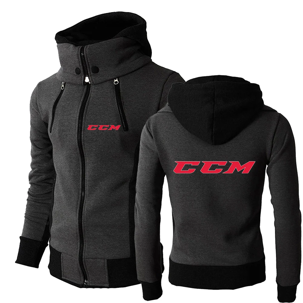 CCM Men Autumn Solid Color Hoodie Double Zipper Design Pullover Male Sweatshirt Long Sleeve Sports Sweater Tops