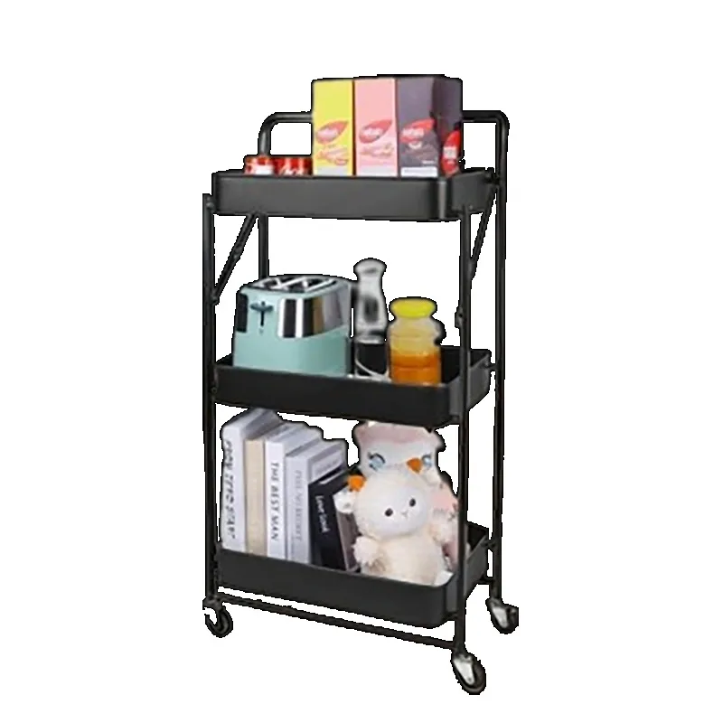 

3 Tier Foldable Rolling Cart, Metal Utility Cart With Lockable Wheels, Folding Storage Cart For Living Room, Kitchen, Bathroom