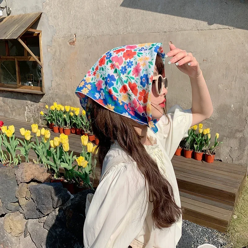 Fashion Bandana Cotton Head Scarf For Women Small Hijab Floral Print Handkerchief Hair Scarfs 55cm Square Headbands Neck Scarves 3