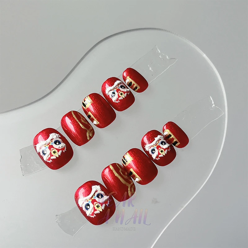 

Handmade Cute China Lion Press On Nails Red Short Round Wearable Full Cover Anime Decoration Fake Nails