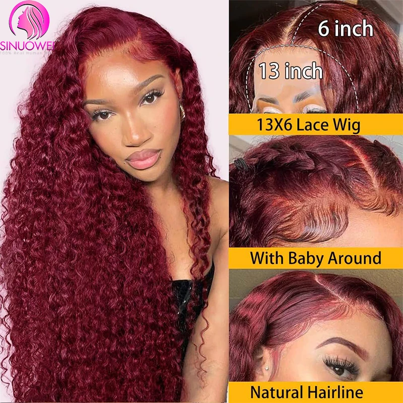 Water Wave 99J Burgundy 13x6 Human Hair Lace Frontal Wigs 200% Brazilian Human Hair Burgundy Wave Curly