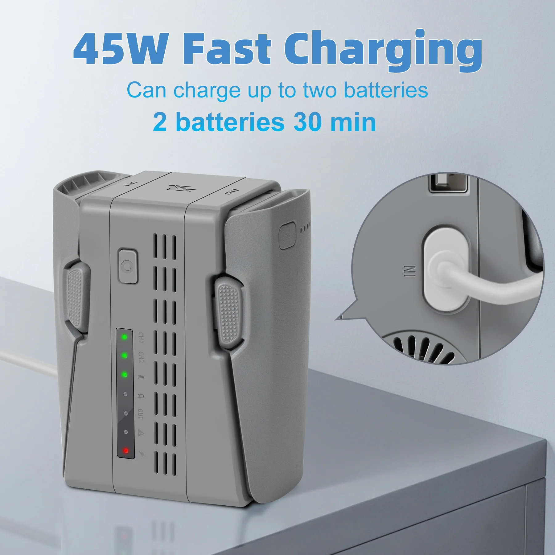 Vue d'ensemble du chargeur rapide DJI Neo 2, hub double batterie et power bank, câble inclus.