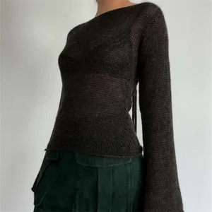 Женский вязаный свитер Y2K, однотонный Повседневный пуловер с длинным рукавом и вырезом лодочкой, вязаный крючком Топ, осень 2023