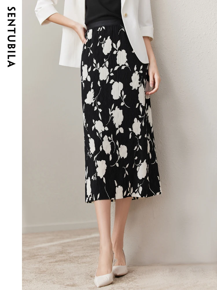 SENTUBILA Women's Flower Print Pencil Skirt 2023 Autumn Elegant Elastic High Waist Textured A-Line Mid-Length Skirt 133Q50901