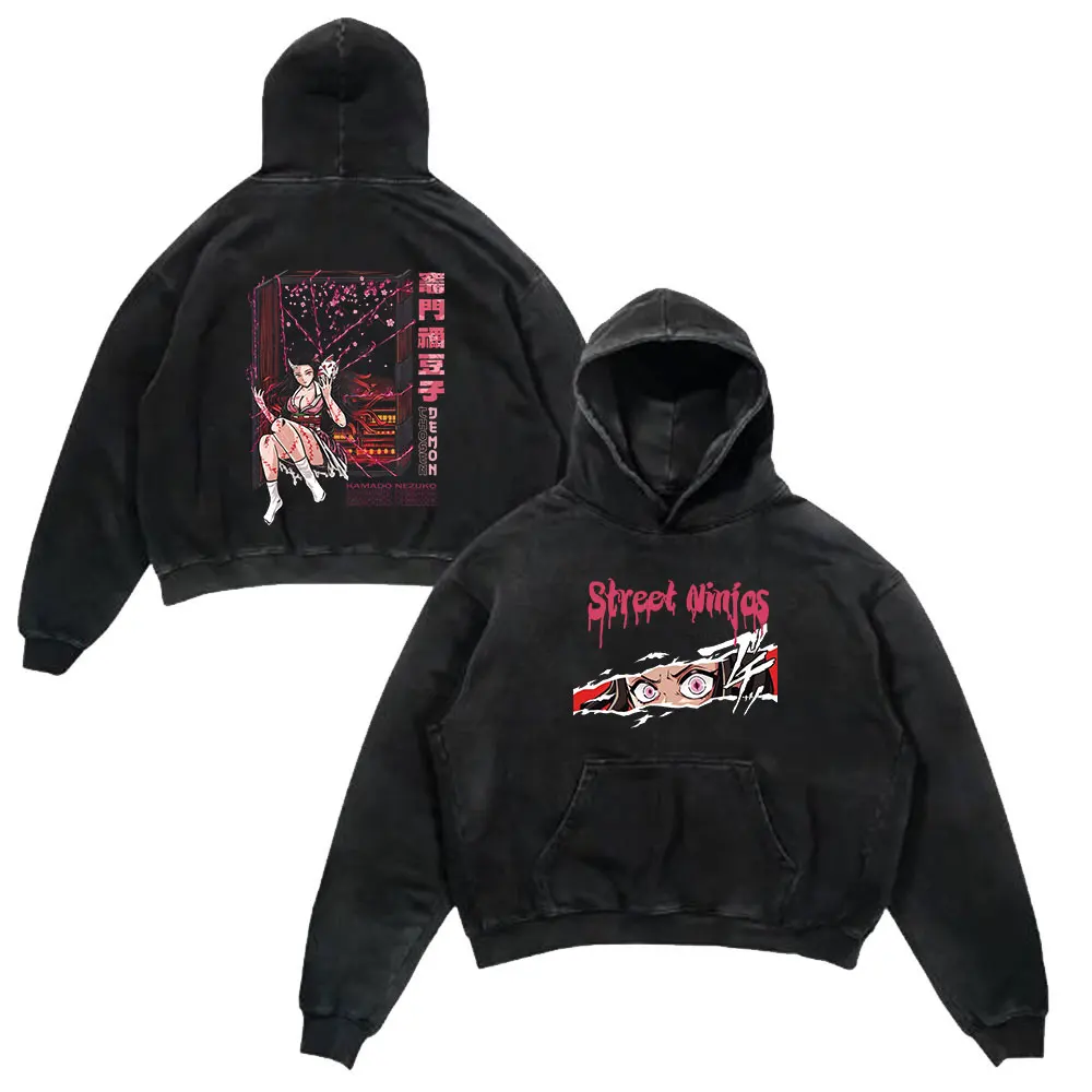Anime Demon Slayer Retro Washed Hoodies Black Print Vintage Cotton Hooded Sweatshirts Oversize Hip Hop Male Pullover
