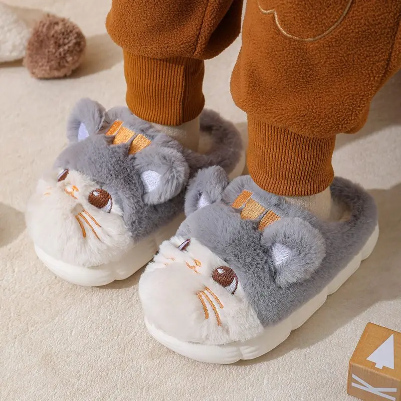 Winter Plush Children Slipper Cat Animal Cartoon Kids Shoes Babi Flat Flipflop Lovely Little Kitten Indoor Soft Slippers