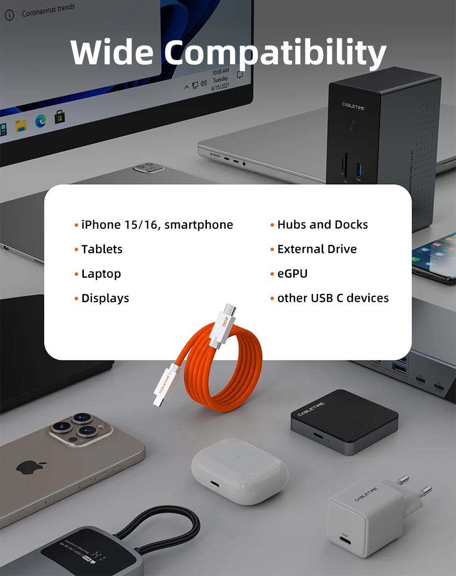 CABLETIME USB-C-auf-USB-C-Kabel, USB4, 40 Gbit/s, 8K, 240 W, magnetisches Kabel, Schnellladekabel für Thunderbolt 4/5 für Laptop, MacBook, iPad – Detail 14