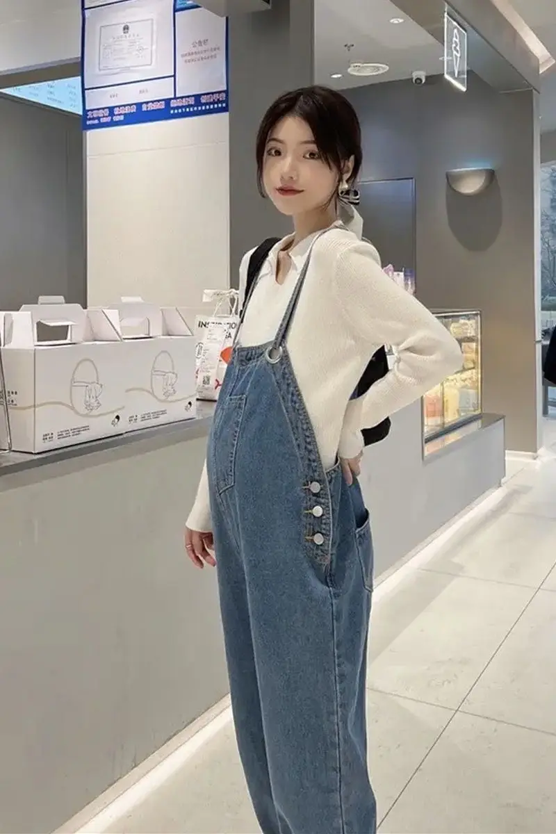 Autumn Maternity Clothes Set Casual Fashionable Knit Pullovers Denim Overalls Outfit Suits Plus Size Pregnant Woman Clothes Sets
