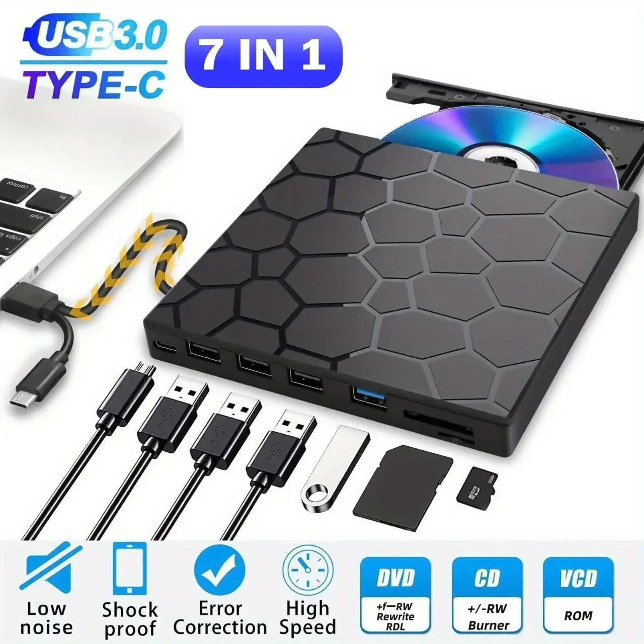 Taşınabilir DVD Oynatıcı 7'si 1 Arada Harici CD/DVD Sürücüsü USB 3.0 Tip C CD Yazıcı Masaüstü Mac Windows Linux için Harici Disk Sürücüsü