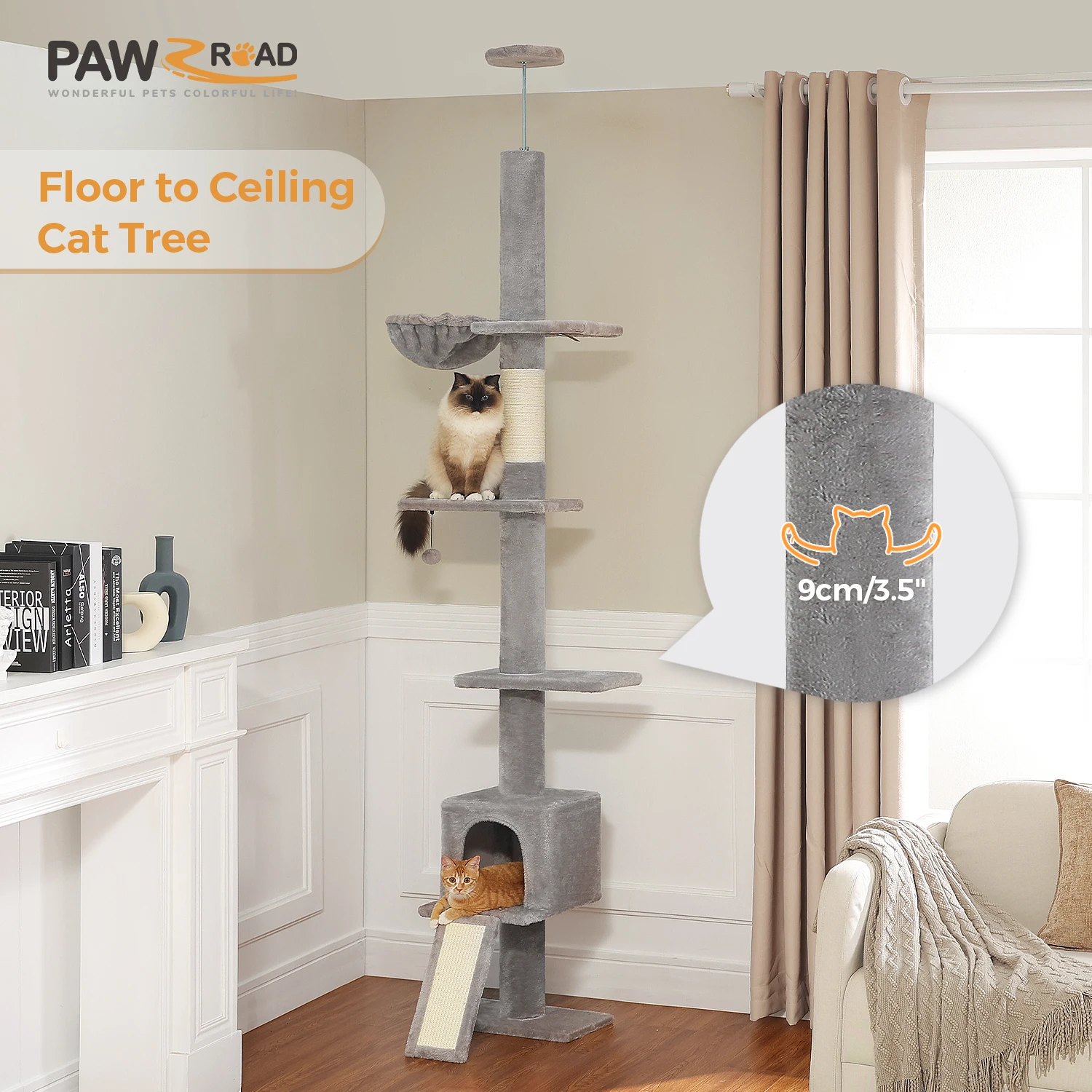 

Floor to Ceiling Cat Tree Tower 5 Tiers Climbing Tree Adjustable Height for Indoor Cats with Condo Scratching Post Ladders