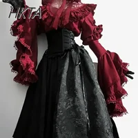 Lolita Gothic High Waist Black Long Skirt Loose Oversized Flared Long Sleeve Blouse Top Y2k Ji Sleeve Gorgeous Elegant Skirt Set 1