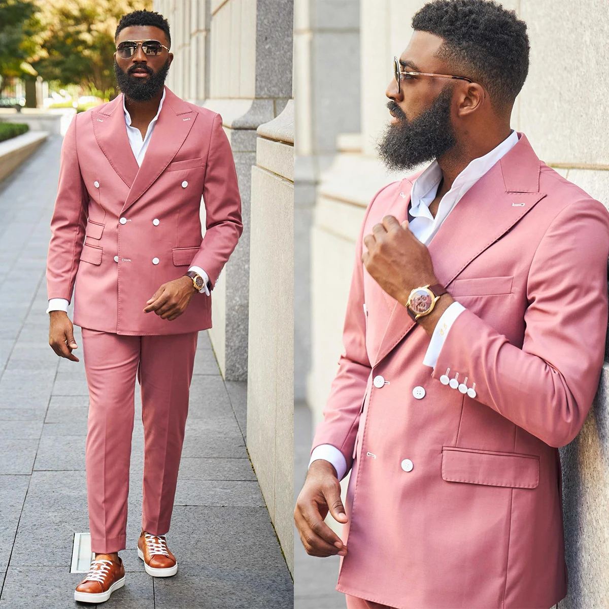 

Casual Wedding Men Suits Tuxedos Groom Wear Pink Peaked Lapel Formal Suit Custom Size High Quality 3 Pieces Blazer+Vest+Pant