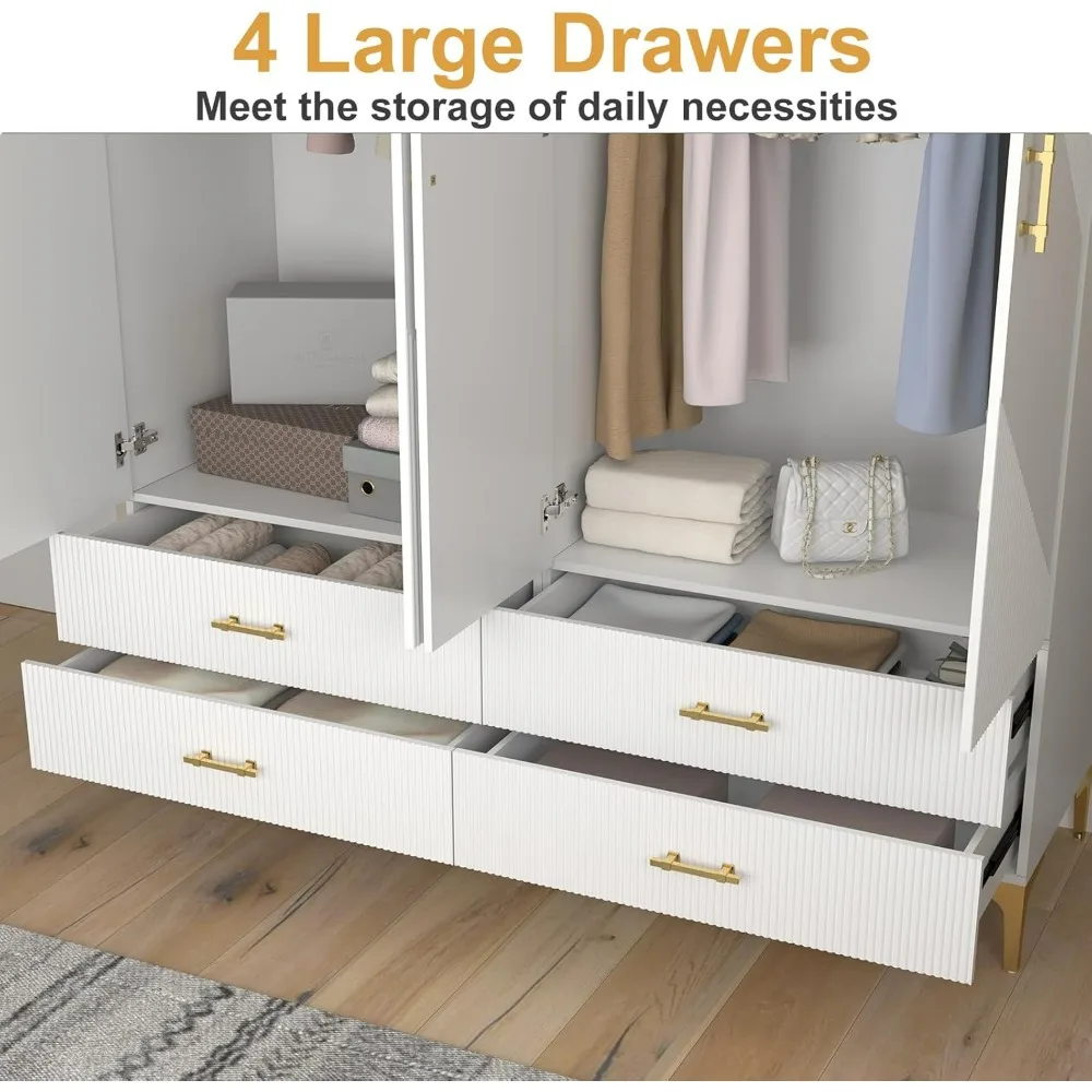 Wardrobe Armoire with 4 Doors, 4 Drawers and 2 Hanging Rods, Twill Wood Closet Storage with Metal Cabinet Legs, Wardrobes 2