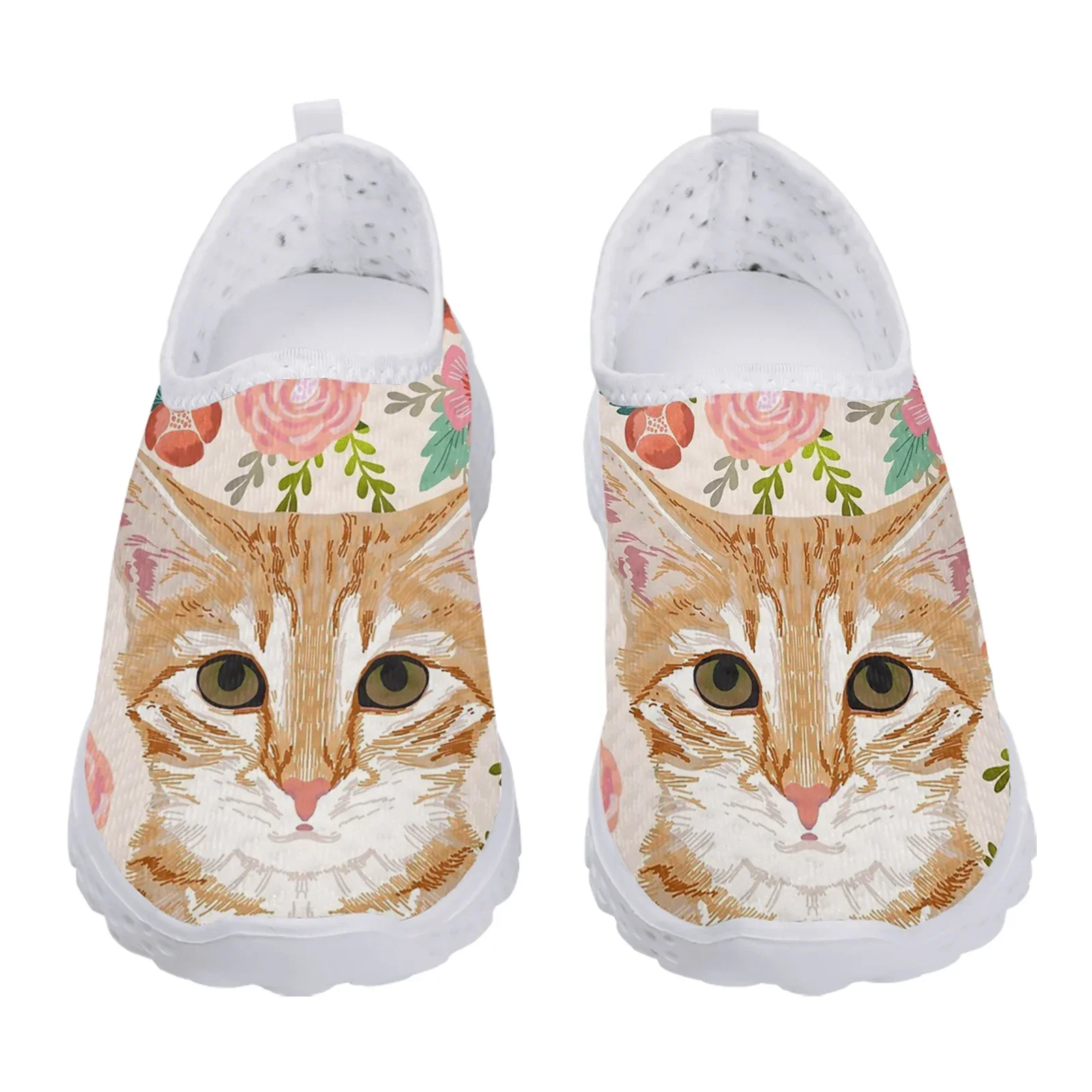 Cute Cartoon Orange Cat/kitten Hibiscus Print Summer Women's Shoes Comfortable Flat Loafers Soft Sole Slip On Shoes
