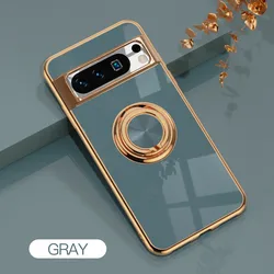 Flexible Shockproof Plating Ring Holder Phone Case with Stand and Back Shell Cover for Google Pixel 9 (GRAY)