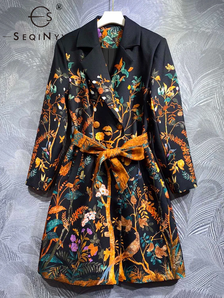 

SEQINYY Elegant Black Trench Coat Spring Autumn New Fashion Design Women Runway High Street Vintage Flower Print Belt Casual