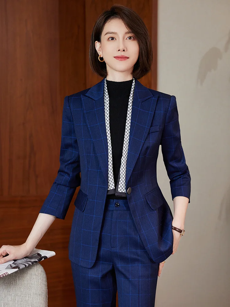 Elegant Women's Blazer Suit 2023 Autumn Blue Khaki Gray Plaid Fashion 2 Piece Sets Formal Office Lady Work Wear Business Suits