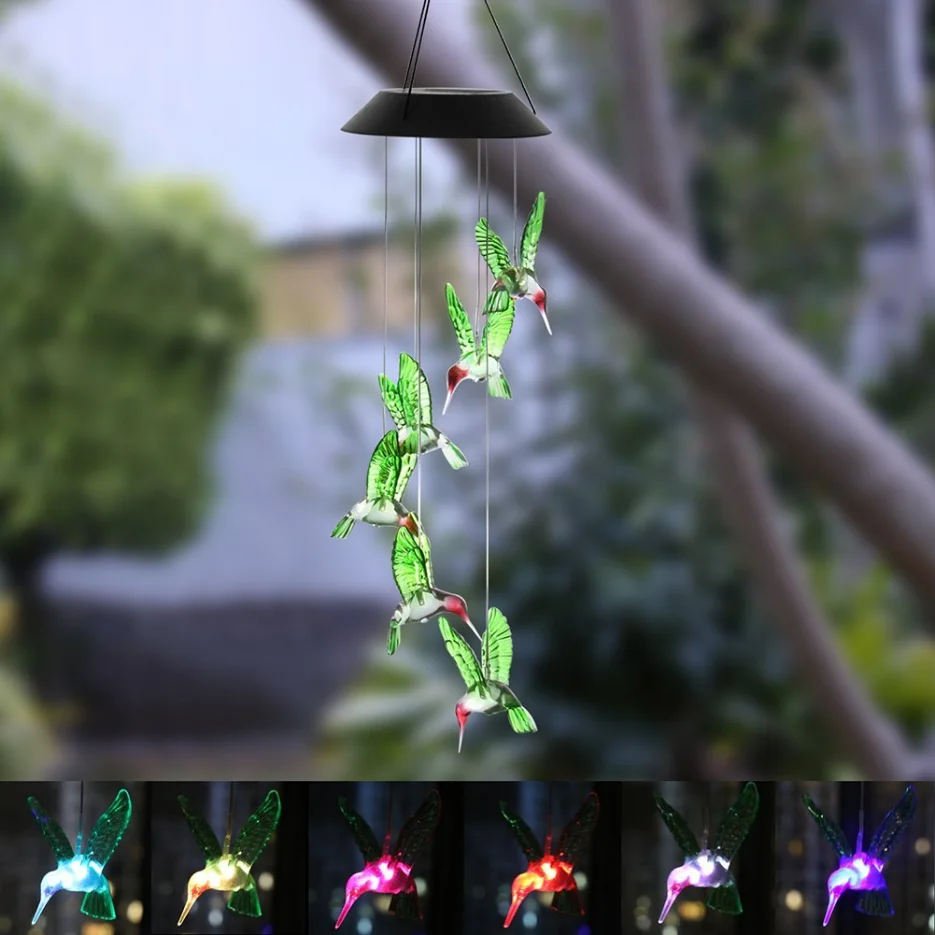 LED Color Solar Power Wind Chime Crystal Green Hummingbird Waterproof Outdoor Windchime Solar Light For Garden Yard Decoration solar fairy light outdoor powered led wind chime ip65 waterproof butterfly hummingbird lawn lamps for garden yard decoration