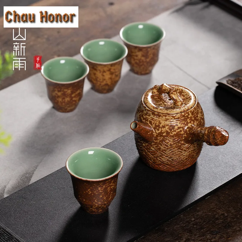 Handmade Longquan Celadon Kiln Change Tea Set Complete Set Retro Tea Ceremony Set Teapot And Tea Cup Set Teaset Collection Gift