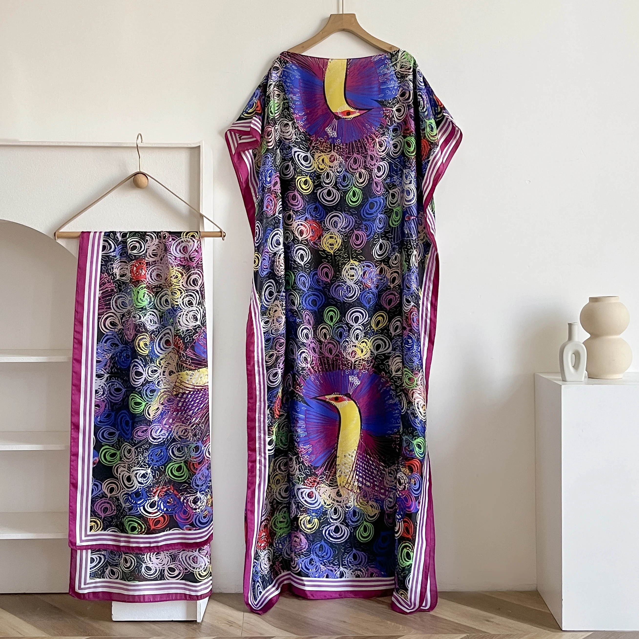 2025 Summer New Fashion African Dresses For Women Elegant Printed Silk Muslim Lady Long Hijab Kaftan Dress Oversize Kuwait Abaya