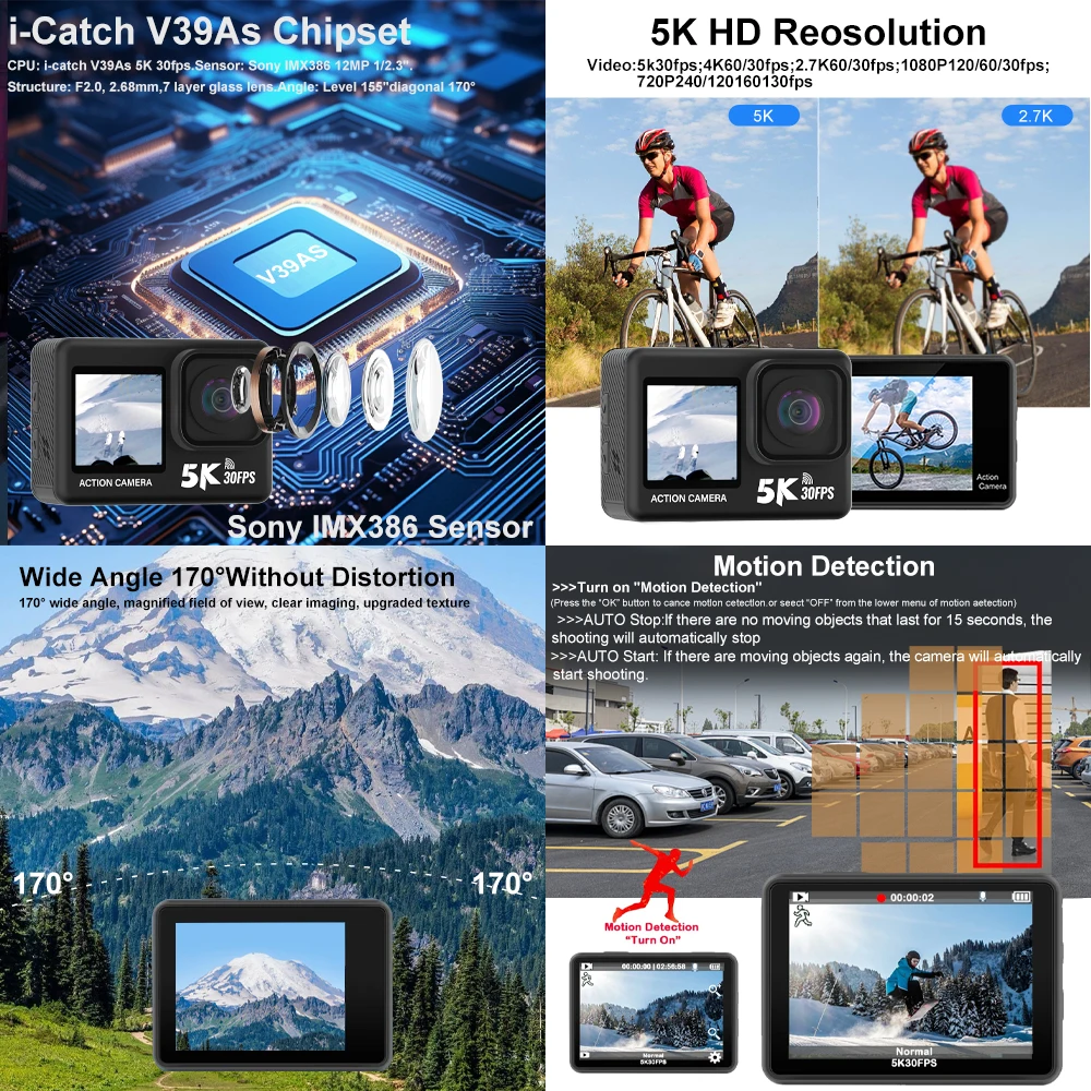 Action Camera 5K 4K60FPS 2.0'' Touch LCD 48MP Anti-Shake DVR WiFi Webcam Dual Screen 170D 30M Waterproof 5X Zoom Sports Camera 2