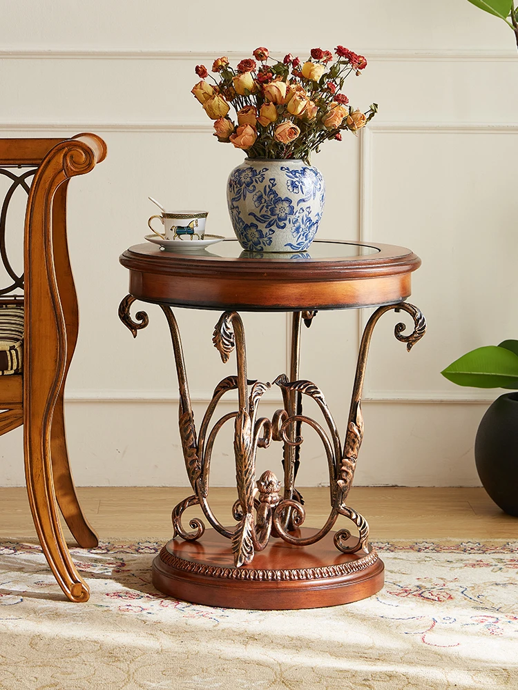 Caramel color American sofa edge few European solid wood small round table painted corner few metal retro coffee table