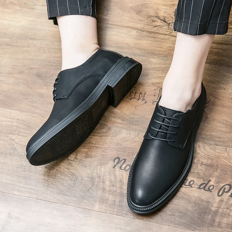 Men Shoes on Sale 2023 New Lace Up Leather Casual Shoes Spring and Autumn Pointed Toe Solid Chunky Heels Work Business Shoes