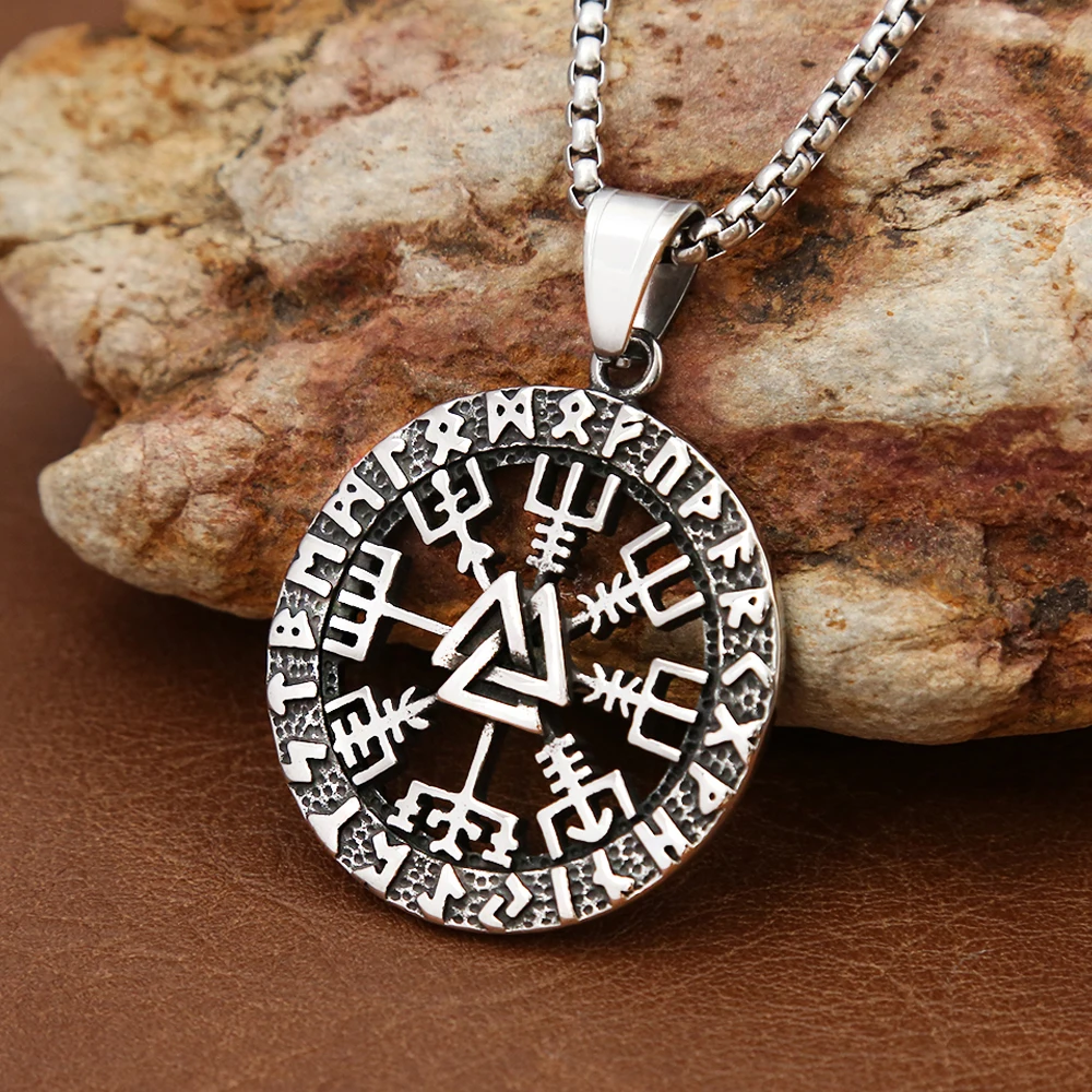 Punk Vintage Nordic Viking Compass Pendant for Men Women 316L Stainless Steel Odin Runes Necklace Biker Amulet Jewelry Wholesale