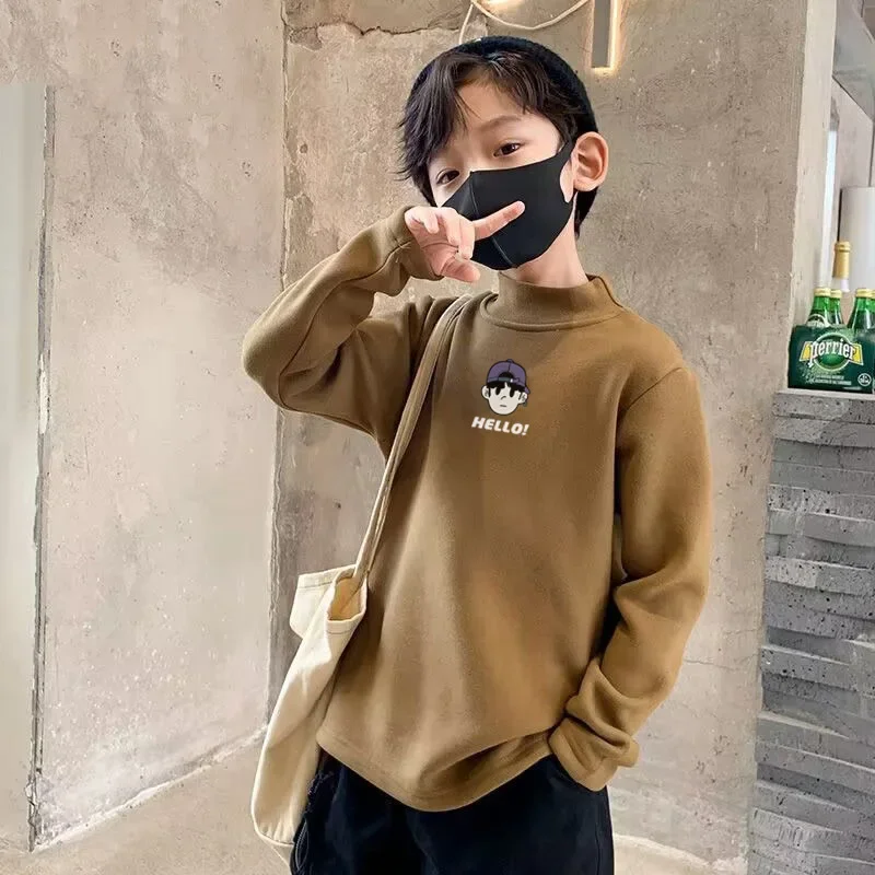 thumbnail image 1 of Camiseta de manga larga cálida con cuello alto y medio polo para niños, otoño/invierno, para niños, talla mediana/grande, con lijado de doble cara, estampada, 1 of 5
