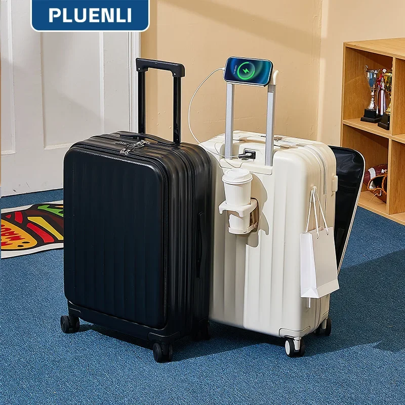 

PLUENLI Front Open Cover Boarding Bag Usb Charging Luggage Business Universal Wheel Trolley Case Unisex Suitcase