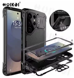 Heavy Duty Military Grade Shockproof Case with Lens Protector and Stand - Aluminium Armor Bumper Cover - Samsung S24 Ultra (Black)