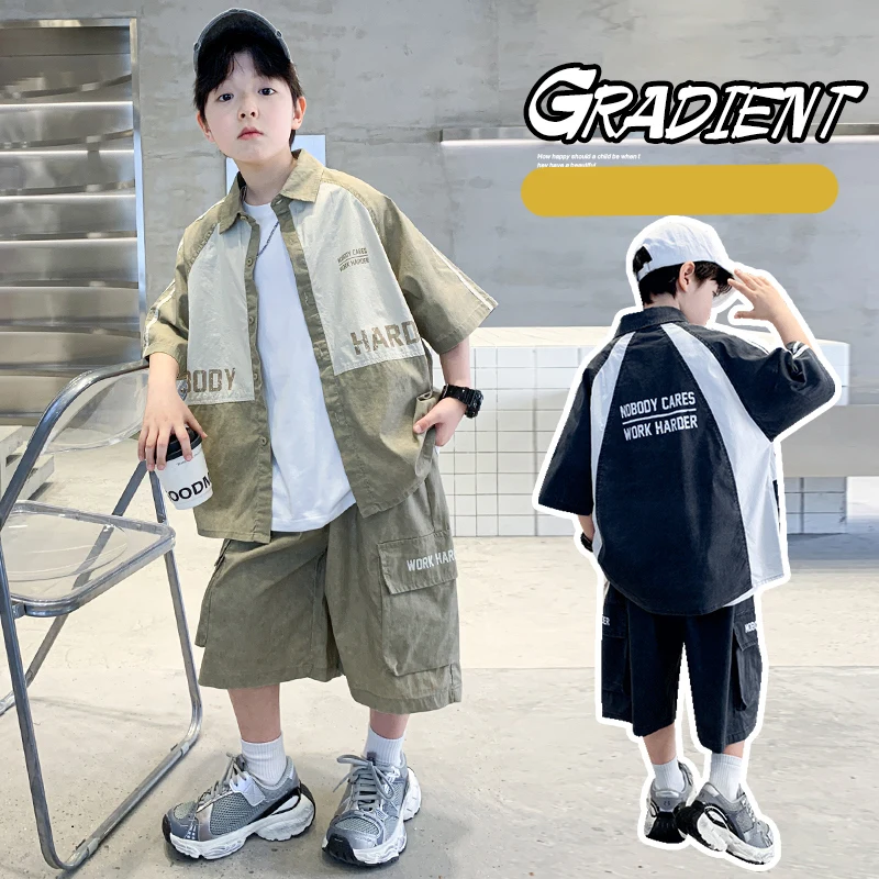 New Fashion Boys Summer Outfits Casual Teenage Kids Clothes Short Sleeve 2PCS Suit Letter Streetwear Tweens Child Clothing Set