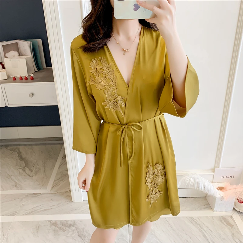 Long sleeve with chest cushion strap sexy two-piece nightdress Ladies embroidered ice silk satin nightgown pajamas