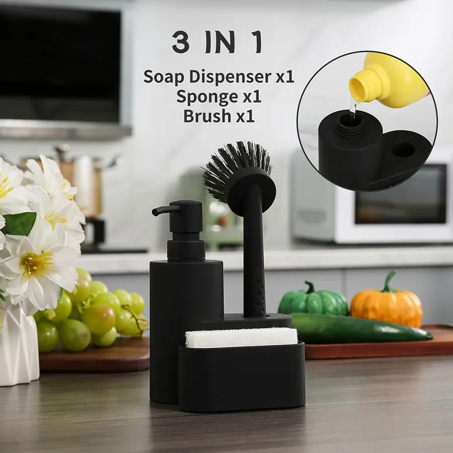 Description Picture 6 of itemModern Square Dish Soap Dispenser with Sponge Holder and Brush 3 in 1 Set for Kitchen Sink Countertop Organizer Matte Black