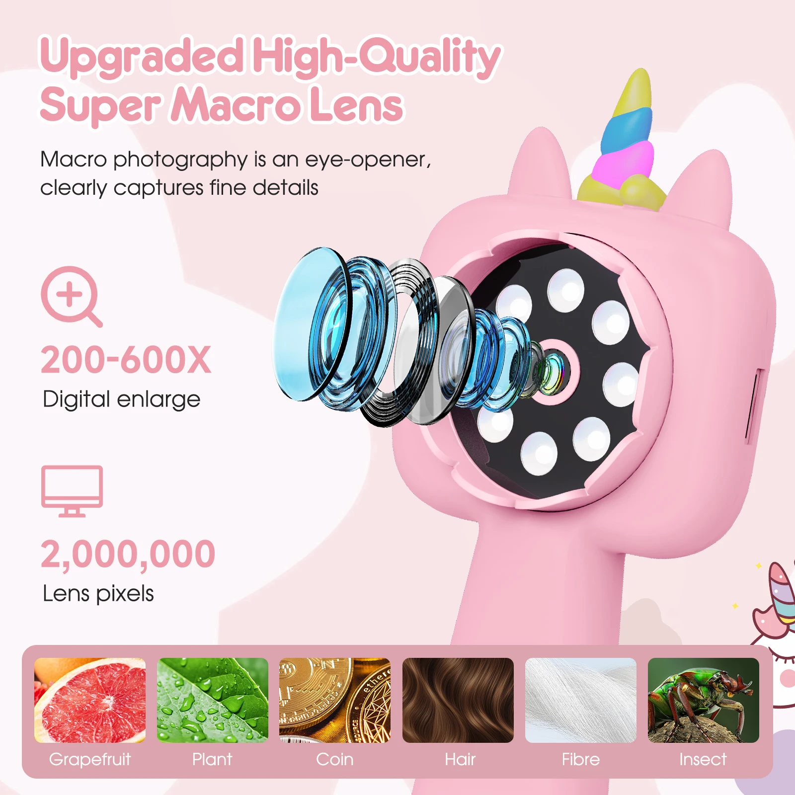 2.4인치 어린이용 현미경, 600X-4800X 휴대용 디지털 포켓 미니스코프(사진 및 비디오 기능 포함) 교육용 STEM 장난감