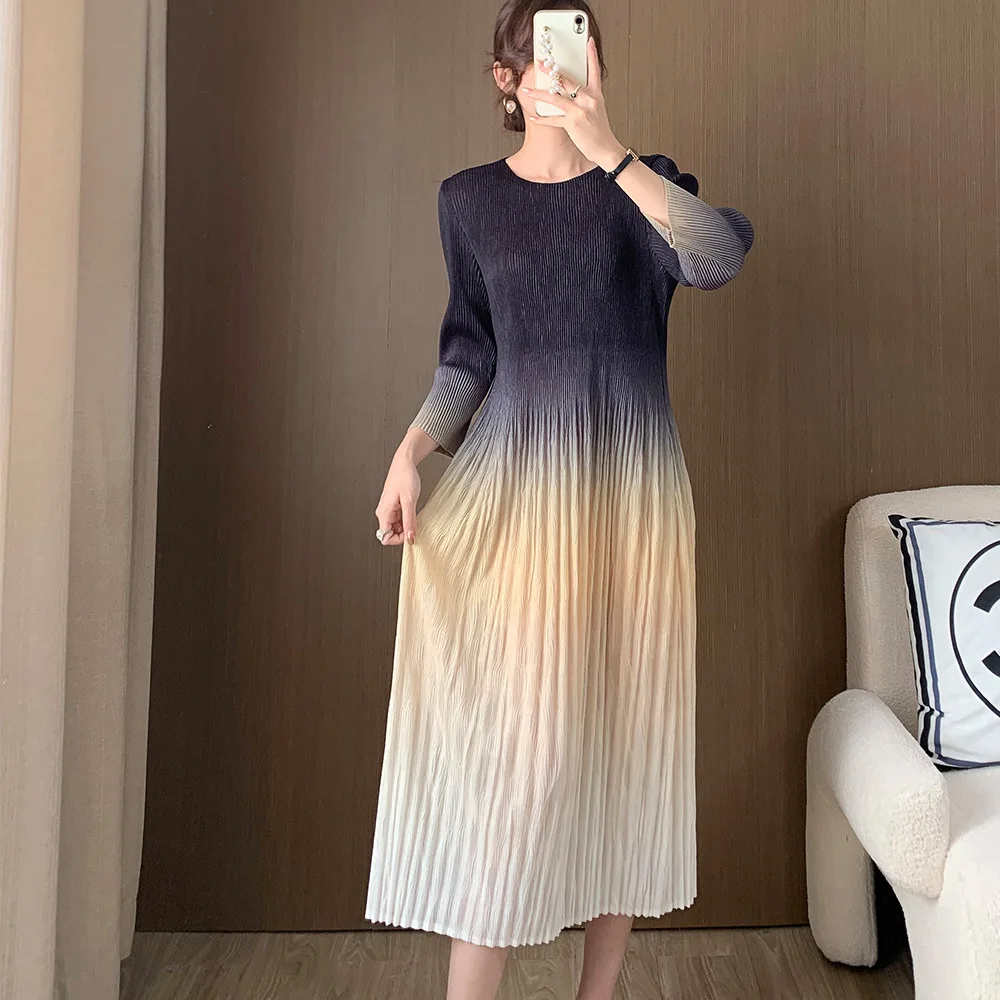 

Miyake Original Design Fashion Pleated Dress Fall Women's Design Gradient Women's Temperament Bottoming Skirt Plus Size Clothing