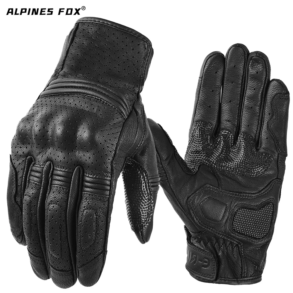 Summer Brown Perforated Retro Goat Leather Full Finger Motorcycle Gloves