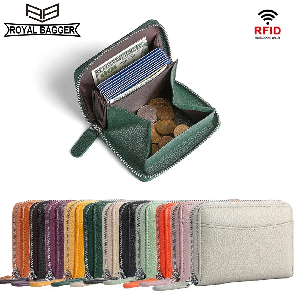 

Royal Bagger RFID Organ Card Holder for Men Women Genuine Cow Leather Large Capacity Coin Purse Fashion Zipper Wallet 1008