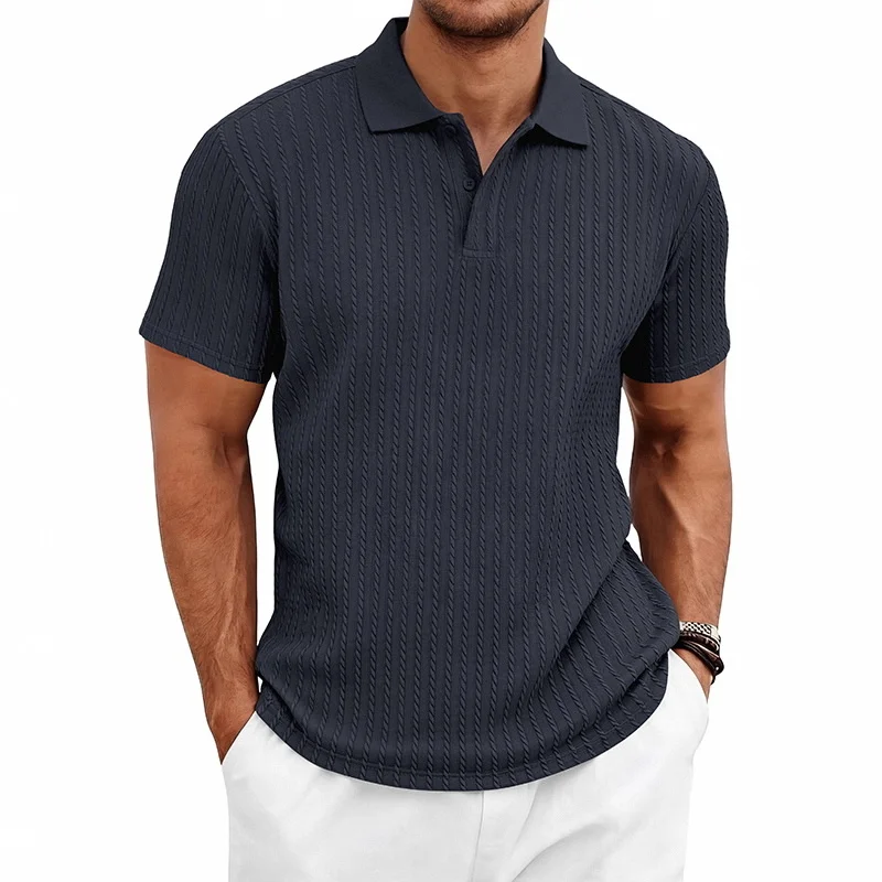 Men's knitted textured simple short-sleeve polo shirt, casual golf business top, suitable for summer daily wear
