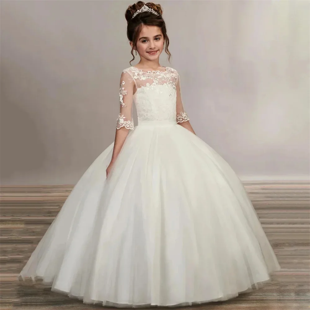 Elegant Wedding party Dress O Neck Elegant Applique Flower Girl Dress Floor Length Customized First Communion Dress