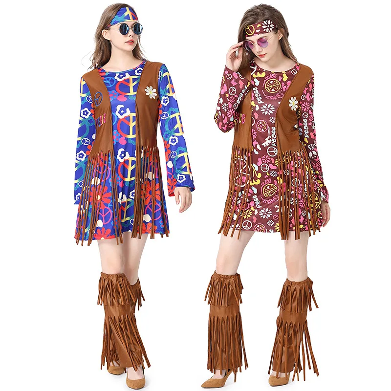 

1960s Hippie Dress for Women Vintage Print 4Piece Tassels Dress Peace Love Hippie Stage Show Halloween Party Fancy Costume