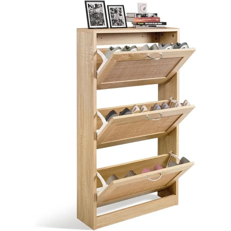 

Shoe Cabinet for Entryway, Narrow Storage Cabinet, Hidden Rattan Shoe Cabinet Wood 3 Tier Slim Rack for Home