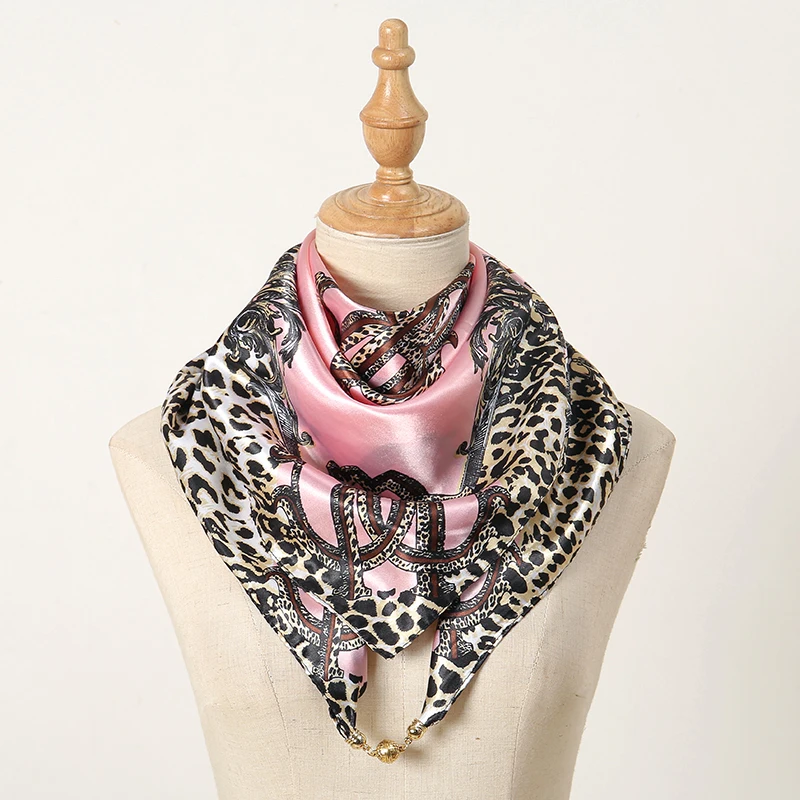 Fashion Leopard Print Chain Square Scarf Shawl Magnetic Suction Design Satin Slik Towel For Women Casual Scarves Wholesale 2