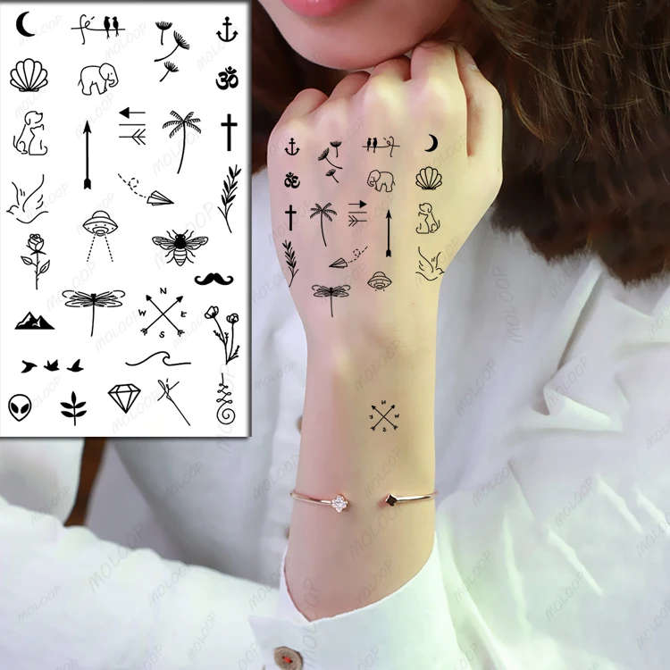 Autocollants de tatouage temporaire pour femmes, motif de dessin animé, fleurs noires, totem géométrique, faux tatouages imperméables, doigt de petite taille