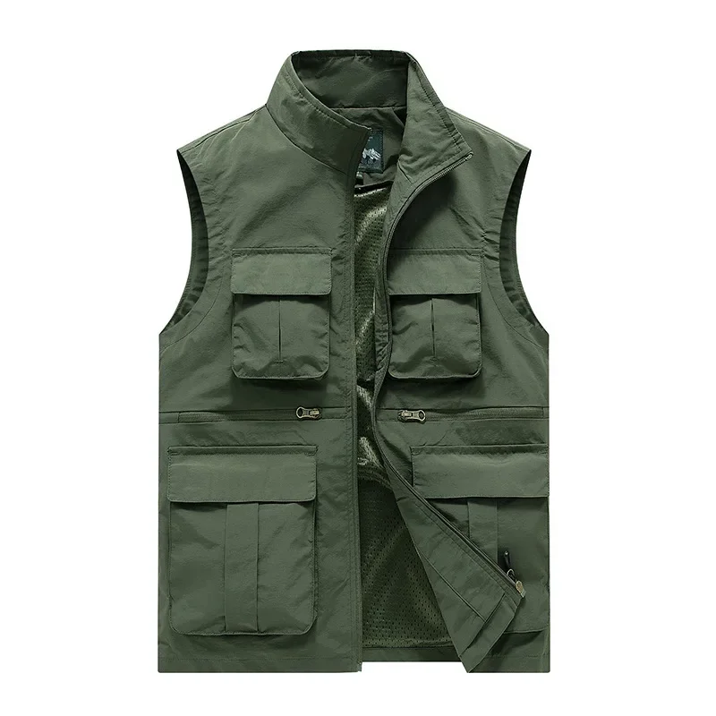 2024 Summer Men's Vest Outdoor Casual Loose Fishing Multi Pocket Mesh Coat Men's Unloading Work Tactical Sleeveless Jacket