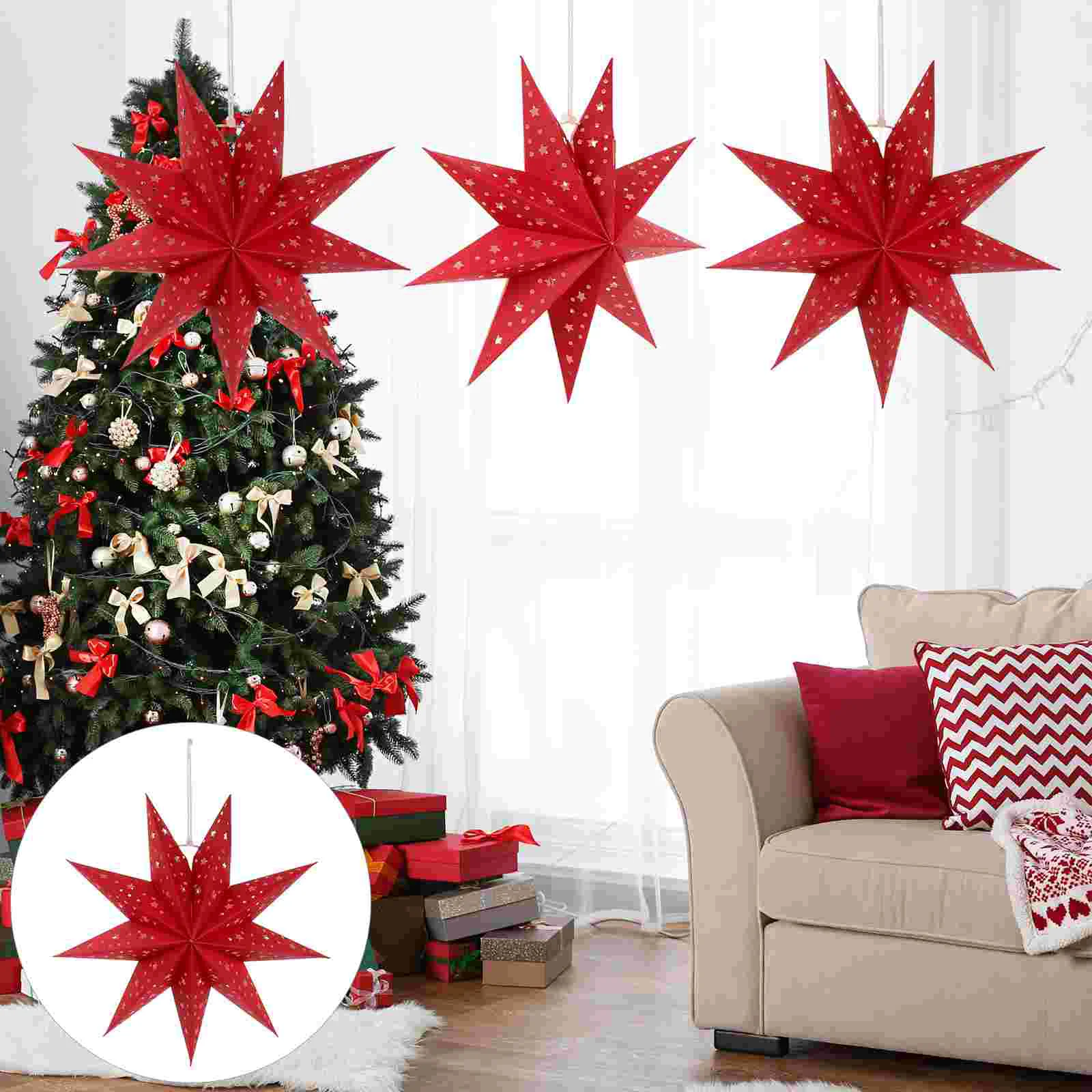 

3 Pcs Nine Pointed Star Paper Lantern Lamp Shade For Christmas Covers Tree Decorations Stars Hanging Pendant Home