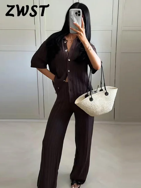 Vintage Knitted Loose Pants Set Women Brown Half Sleeve Lapel Single Breasted Cardigan Straight Trousers 2025 Fashion Solid Suit 2 Vintage Knitted Loose Pants Set Women Brown Half Sleeve Lapel Single Breasted Cardigan Straight Trousers 2025 Fashion Solid Suit 2