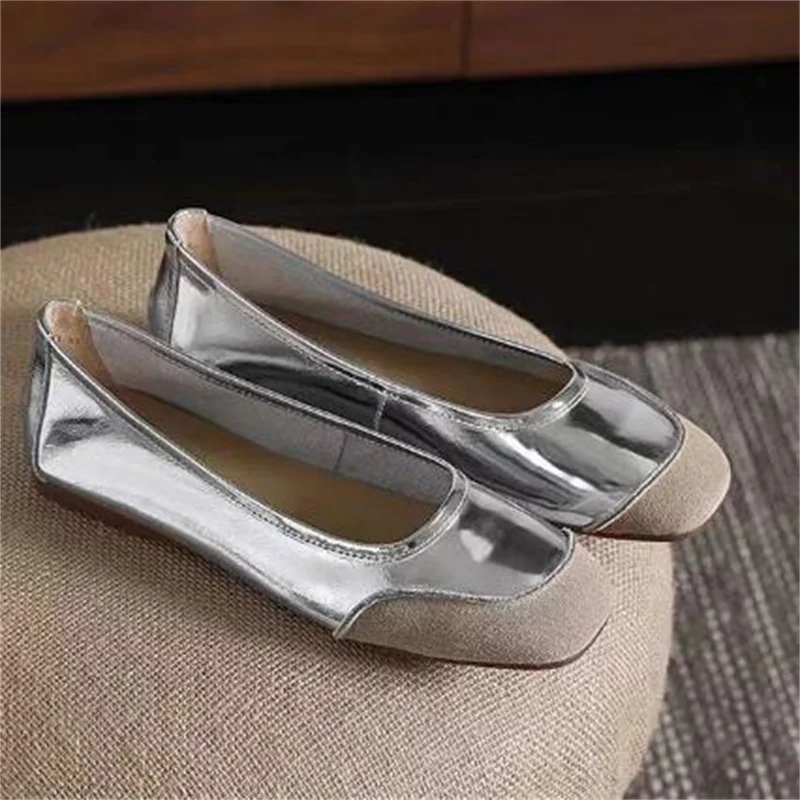 

Stitching Shoes for Ladies Square Toes Flat Heels Chassure Femme Shallow Female Ballets Sewing Lines Mixed Colors Zapatos Mujer