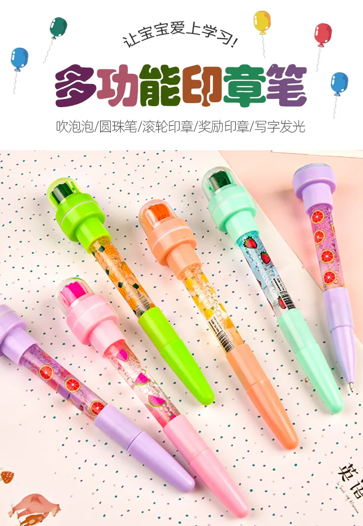 5 In 1 Children Cute Multifunctional Bubble Roller Seal Ballpoint Pen with  Light Funny Magic Pen Children's Stationery Girl